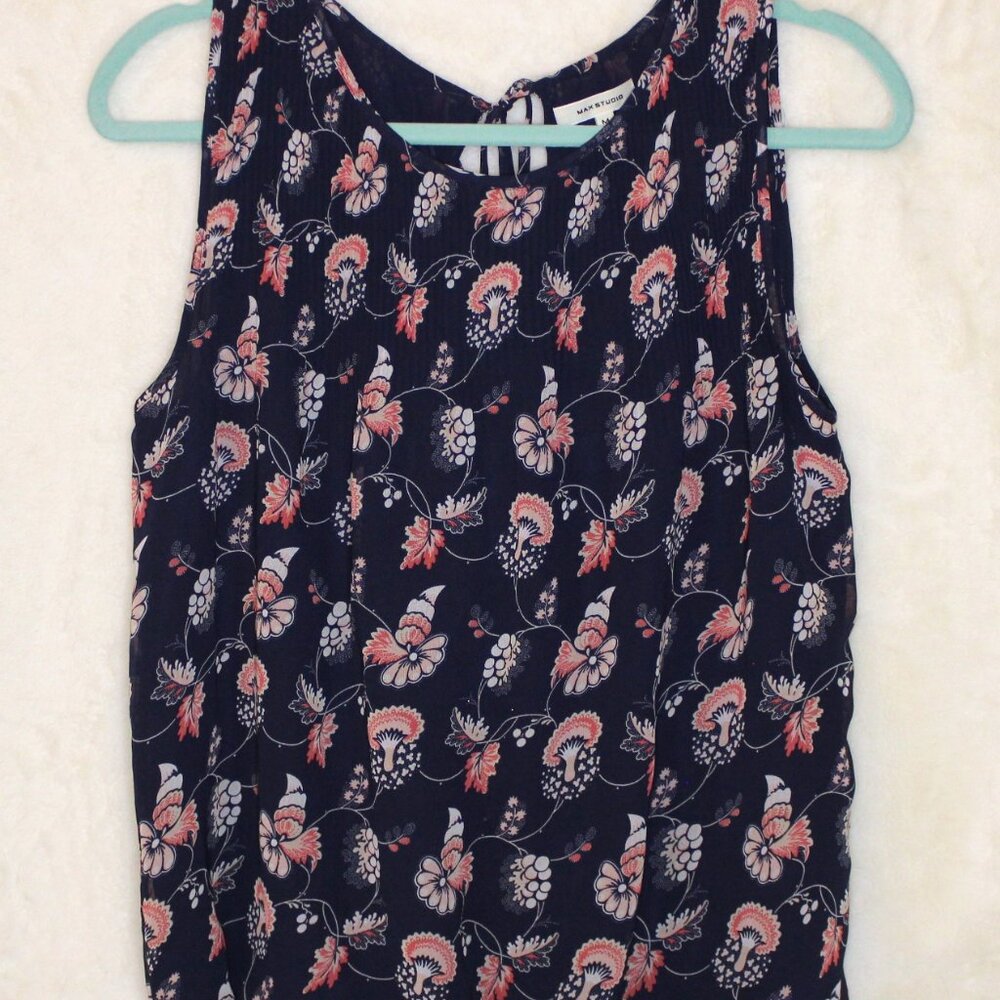 Max Studio,  Size M | Lightly Sheer Navy pleated and gathered sleeveless top